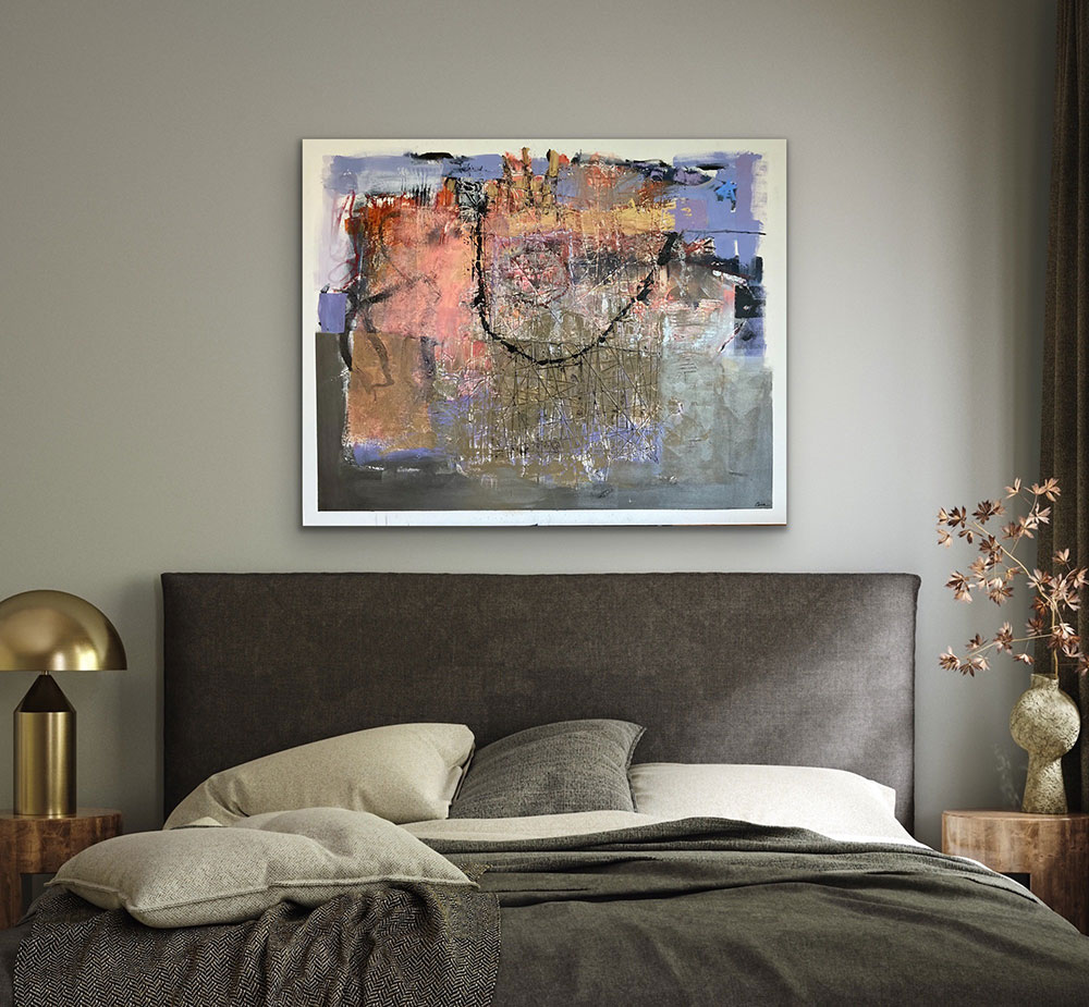 Pat Cain painting styled in a contemporary bedroom